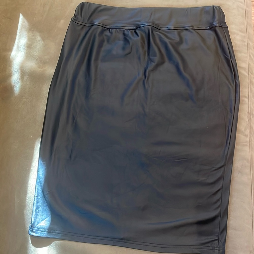 Black faux leather knee length skirt